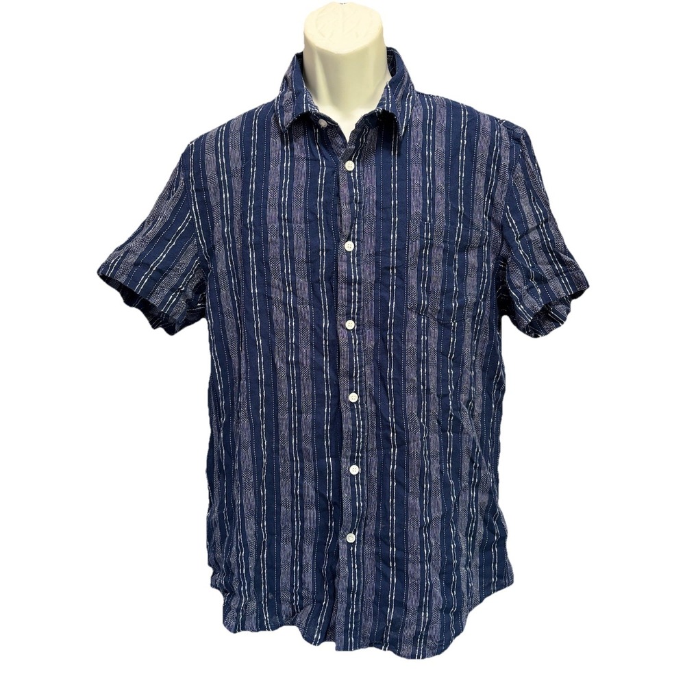No Retreat Blue/White Lined Short Sleeve Button Up‎ Shirt Men's Size Medium